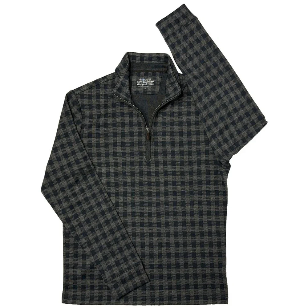NWOT Vineyard Vines OTG Bluffs Quarter Zip Pullover Gray Black Plaid Men Size S